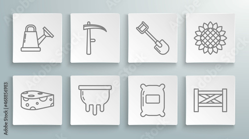 Set line Cheese, Scythe, Udder, Bag of flour, Garden fence wooden, Shovel, Sunflower and Watering can icon. Vector