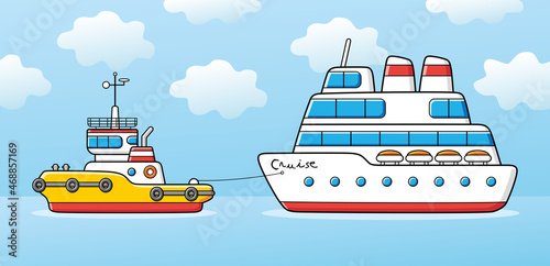 Tug boat towing a cruise ship cartoon vector illustration