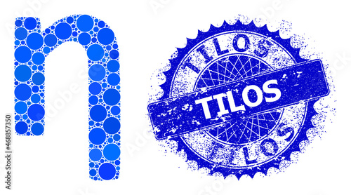 Eta Greek lowercase symbol vector mosaic of small circles in variable sizes and blue color tints, and scratched Tilos stamp seal. Blue round sharp rosette stamp seal has Tilos title inside.
