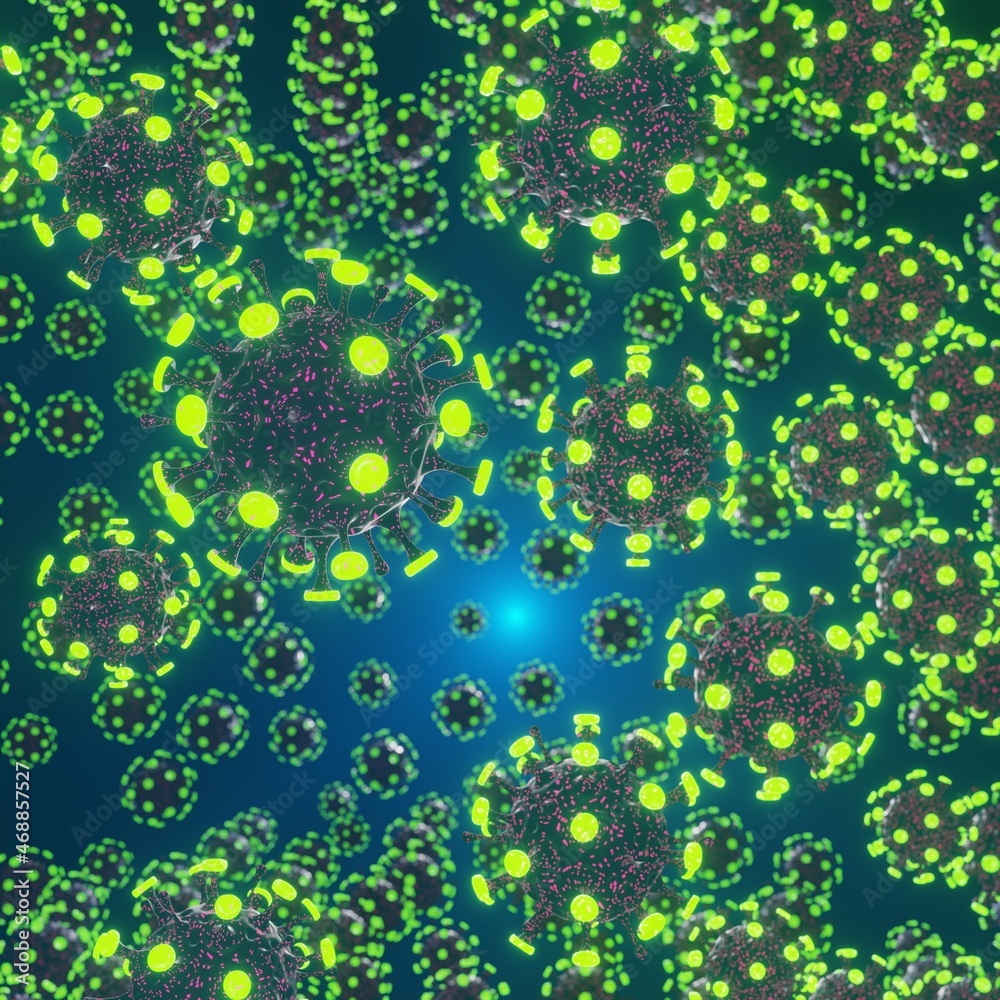 Virus in body, microscopic 3D model, 3D rendering with glowing effect Virus in body, microscopic 3D model, 3D rendering with glowing effect