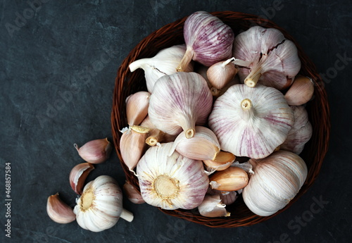 Fresh garlic; vegetables from market; summer farm vegetable harvest background
