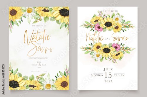 hand drawn sun flower and chrysanthemum invitation card set 