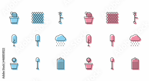 Set line Flower in pot, Shovel, Cactus and succulent, Trash can, Garden trowel spade or shovel, Cloud with rain, Tree and fence wooden icon. Vector