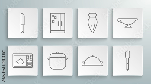 Set line Microwave oven  Refrigerator  Cooking pot  Covered with tray of food  Spoon  Pastry bag for decorate cakes  Sauce boat and Knife icon. Vector