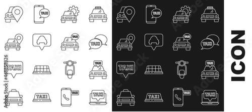 Set line Laptop call taxi service, Taxi car, telephone, Car, Map pointer with, and icon. Vector
