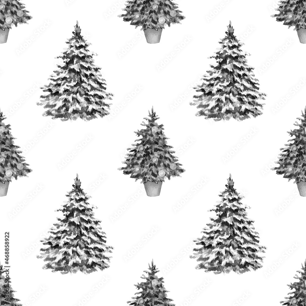 Pattern. Black and white fir trees. The image is hand-drawn and isolated on a white background.