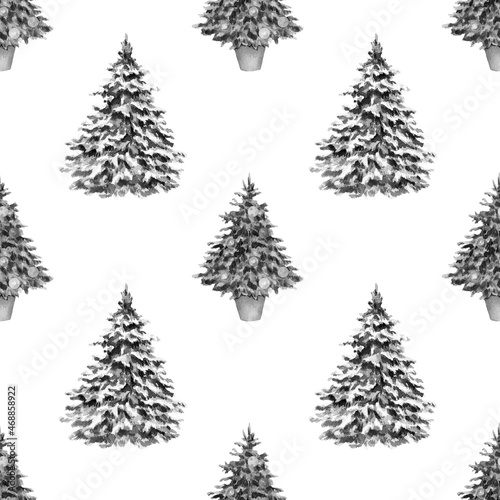 Pattern. Black and white fir trees. The image is hand-drawn and isolated on a white background.