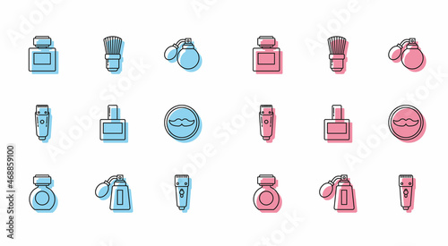 Set line Aftershave, bottle with atomizer, Electrical hair clipper or shaver, Mustache, and Shaving brush icon. Vector