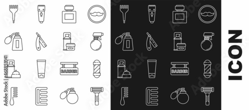 Set line Shaving razor, Classic Barber shop pole, Hairdresser pistol spray bottle, Aftershave, Straight, with atomizer, Hairbrush and gel foam icon. Vector