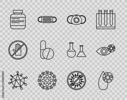 Set line Virus, Blood test and virus, Medical protective mask, Medicine bottle pills, or tablet, Stop and Reddish eye due icon. Vector