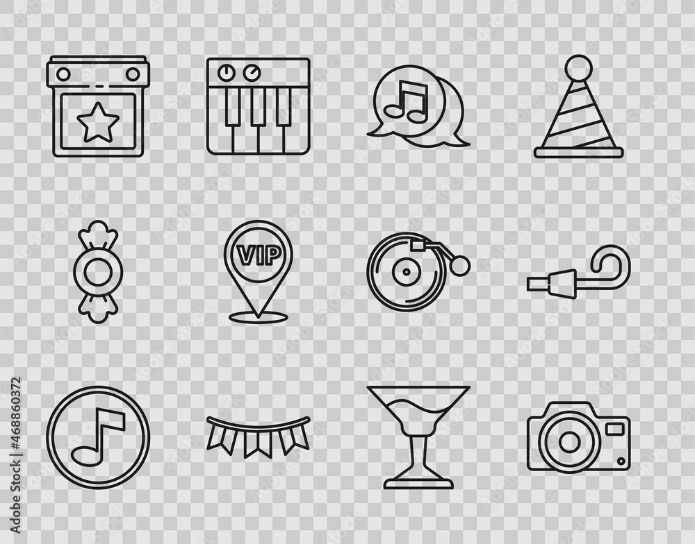 Set line Music note, tone, Photo camera, Musical in speech bubble, Carnival garland with flags, Calendar party, Location Vip, Cocktail and Birthday horn icon. Vector Set line Music note, tone, Photo camera, Musical in speech bubble, Carnival garland with flags, Calendar party, Location Vip, Cocktail and Birthday horn icon. Vector