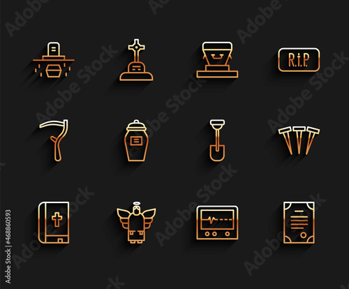 Set line Holy bible book, Christmas angel, Grave with coffin, Beat dead monitor, Death certificate, Funeral urn, Metallic nails and Shovel icon. Vector