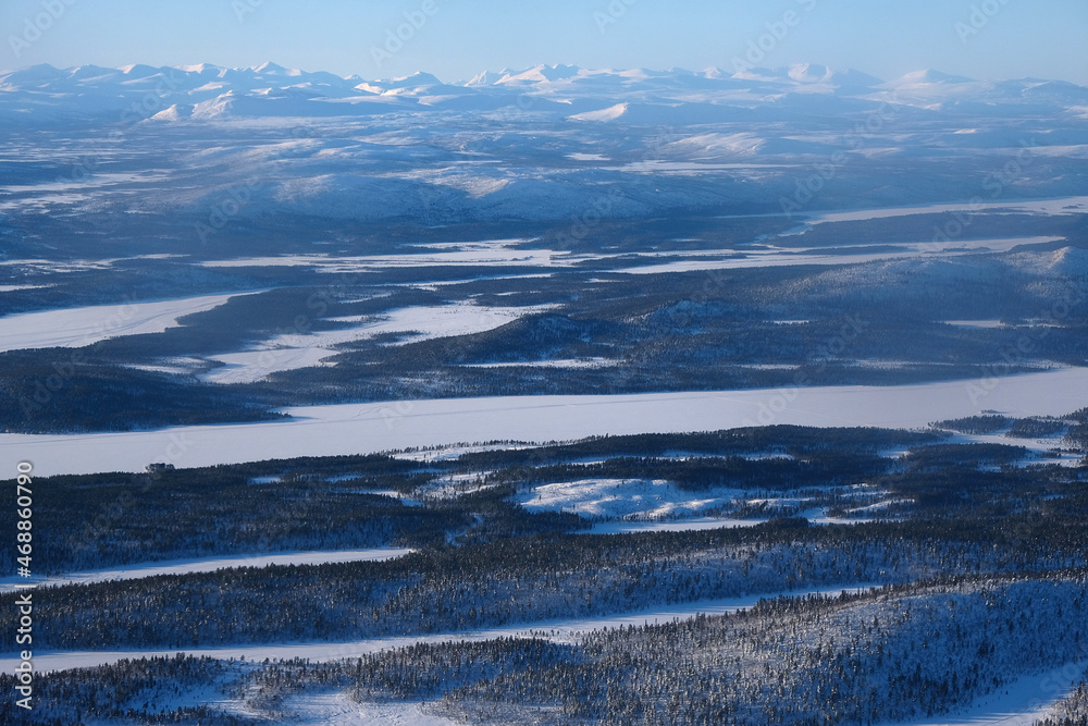 snow covered mountains in Lapland, north Sweden.