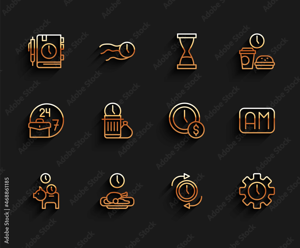 Set line Piggy bank with coin, Food time, Daily paper notepad, Clock arrow, Time Management, Waste of, Morning and is money icon. Vector Set line Piggy bank with coin, Food time, Daily paper notepad, Clock arrow, Time Management, Waste of, Morning and is money icon. Vector