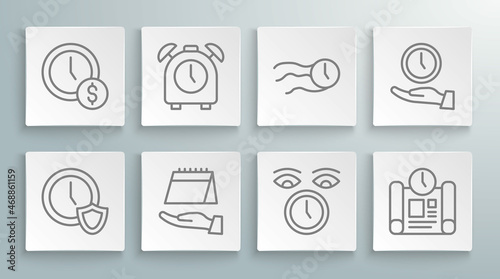 Set line Clock with shield, Alarm clock, Calendar, Project time plan, Time flies on the, and is money icon. Vector