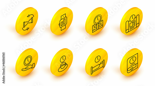 Set line Time for book, to sleep, Coffee time, Clock, Project plan, is money, Smartwatch and Old hourglass with sand icon. Vector