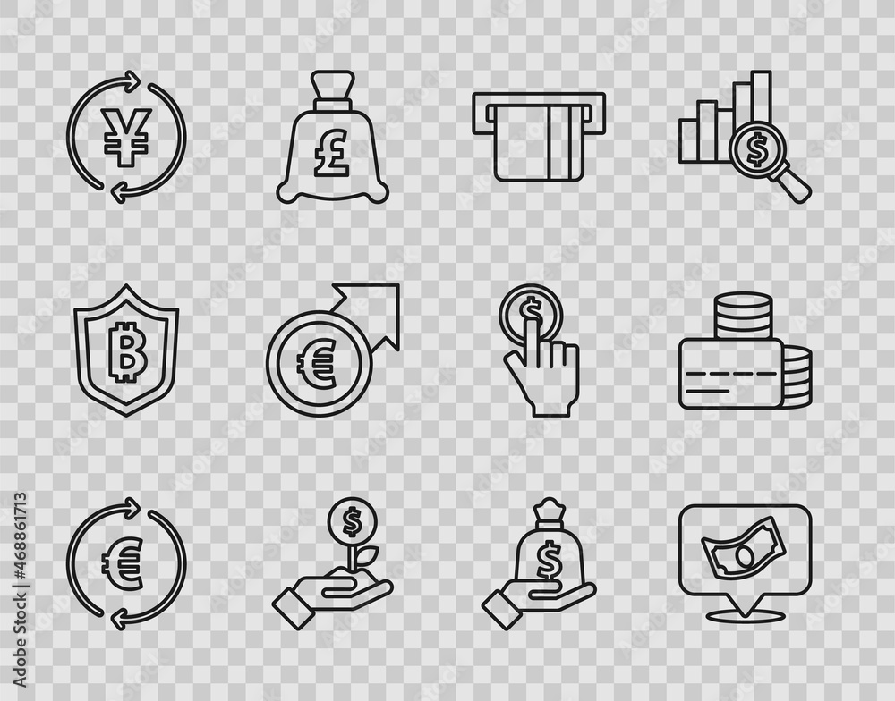 Set line Coin money with euro symbol, Stacks paper cash, Credit card inserted, Dollar plant, Yen, Financial growth and, Hand holding bag and icon. Vector Set line Coin money with euro symbol, Stacks paper cash, Credit card inserted, Dollar plant, Yen, Financial growth and, Hand holding bag and icon. Vector