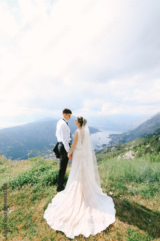 Wedding couple hold hands on the top of Mount Lovcen against the backdrop of the Kotor bay. Montenegro
