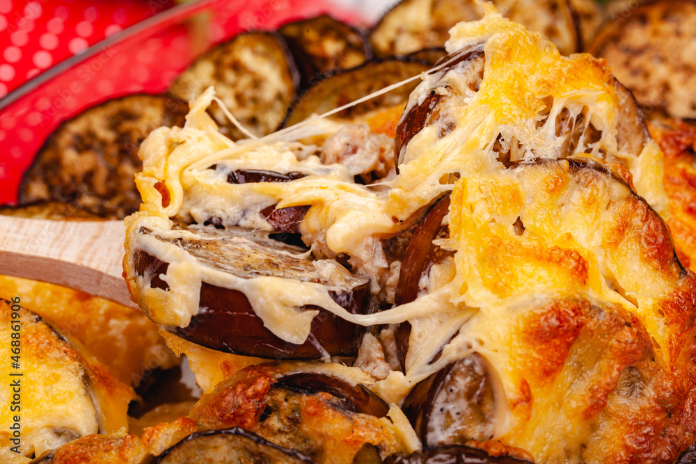 Greek Moussaka dish with minced meat, aubergine and sauce bechamel. Close up