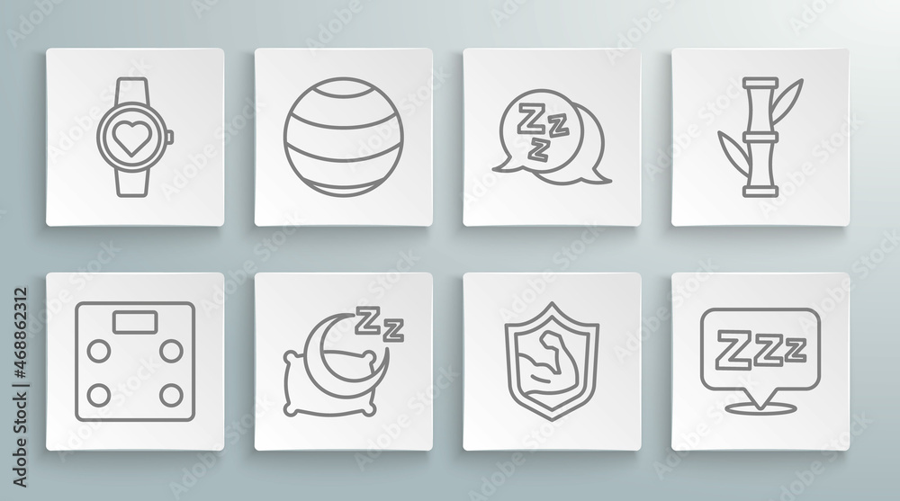 Set line Bathroom scales, Fitness ball, Time to sleep, Bodybuilder muscle, Sleepy, Bamboo and Smart watch icon. Vector