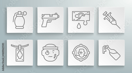 Set line Money laundering, Pistol or gun, Bandit, Headshot, Cocktail molotov, Bloody money, Syringe and Hand grenade icon. Vector