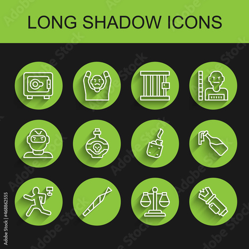 Set line Murder, Marijuana joint, Safe, Scales of justice, Police electric shocker, Poison bottle, Cocktail molotov and Lighter icon. Vector