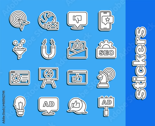 Set line Advertising, Chess, SEO optimization, Dislike speech bubble, Magnet, Lead management, Target and icon. Vector