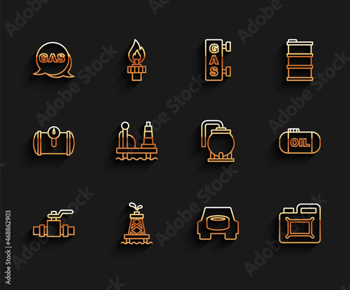 Set line Metallic pipes and valve, Oil rig, Location gas station, Spare wheel in the car, Canister for motor oil, platform sea, tank storage and icon. Vector