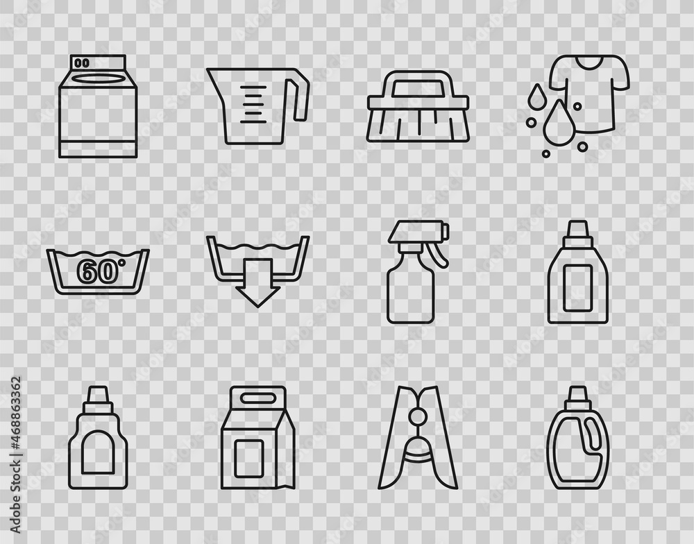 Set line Bottle for cleaning agent, Brush, Laundry detergent, Washer, Washing modes, Clothes pin and icon. Vector