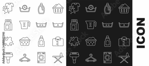 Set line Iron and ironing board, T-shirt, Temperature wash, Bottle for cleaning agent, Measuring cup, Laundry detergent, Dirty t-shirt and icon. Vector