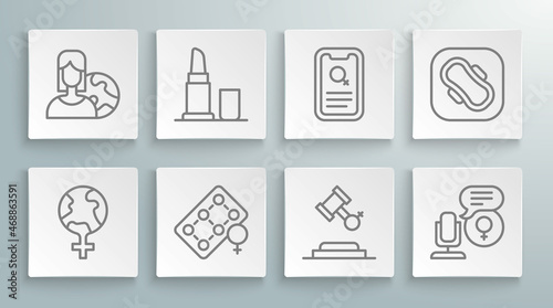 Set line Feminism in the world, Lipstick, Packaging of birth control pills, Female rights, Microphone, Dating app, Sanitary napkin and Women from different countries icon. Vector