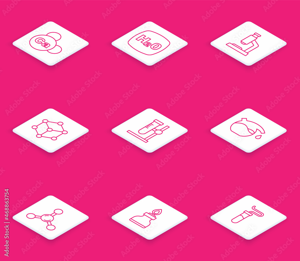 Set line Mineral Ca Calcium, Chemical formula H2O, Microscope, Molecule, Test tube flask on stand, and Alcohol spirit burner icon. Vector Set line Mineral Ca Calcium, Chemical formula H2O, Microscope, Molecule, Test tube flask on stand, and Alcohol spirit burner icon. Vector