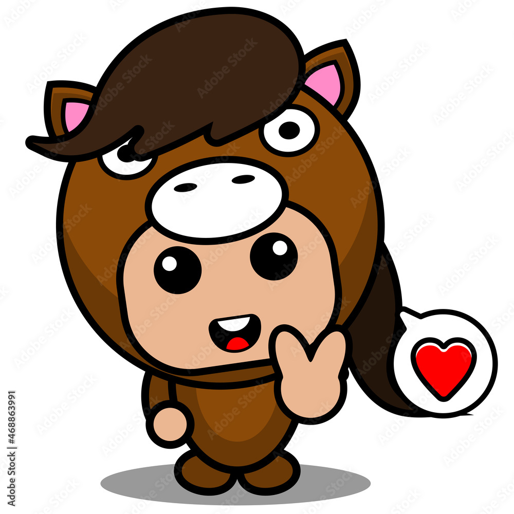 Fototapeta premium vector cartoon character cute pet horse mascot costume peace hand love chat bubble