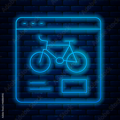 Glowing neon line Bicycle rental mobile app icon isolated on brick wall background. Smart service for rent bicycles in the city. Mobile app for sharing system. Vector