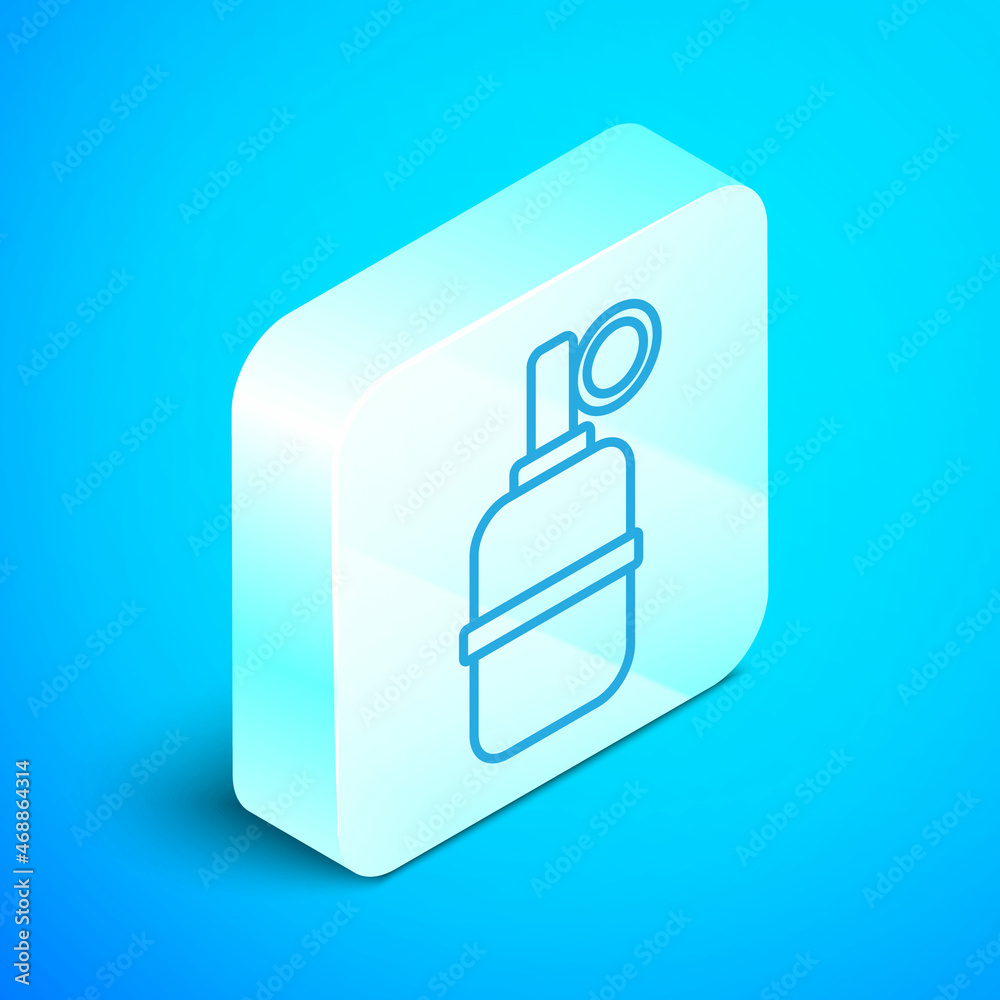 Isometric line Hand grenade icon isolated on blue background. Bomb explosion. Silver square button. Vector Isometric line Hand grenade icon isolated on blue background. Bomb explosion. Silver square button. Vector