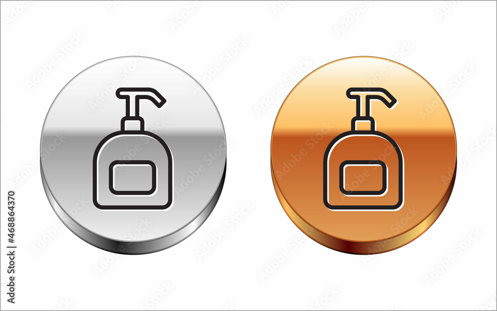 Black line Bottle of liquid antibacterial soap with dispenser icon isolated on white background. Antiseptic. Disinfection, hygiene, skin care. Silver-gold circle button. Vector Black line Bottle of liquid antibacterial soap with dispenser icon isolated on white background. Antiseptic. Disinfection, hygiene, skin care. Silver-gold circle button. Vector