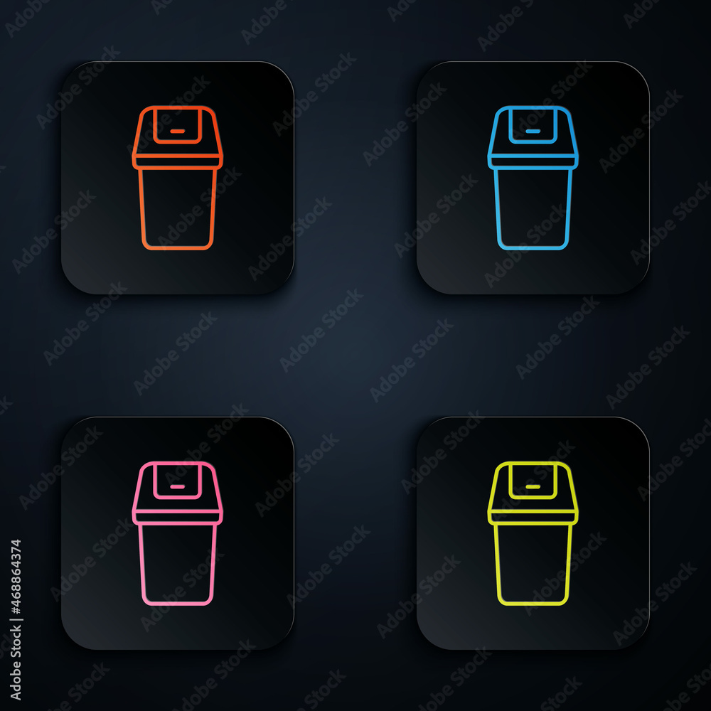 Color neon line Trash can icon isolated on black background. Garbage bin sign. Recycle basket icon. Office trash icon. Set icons in square buttons. Vector Color neon line Trash can icon isolated on black background. Garbage bin sign. Recycle basket icon. Office trash icon. Set icons in square buttons. Vector