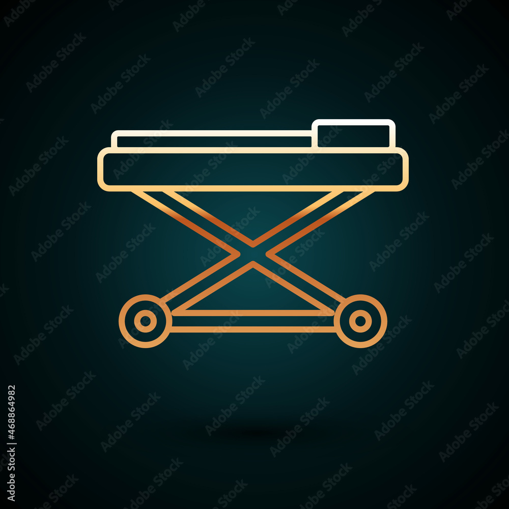 Gold line Stretcher icon isolated on dark blue background. Patient hospital medical stretcher. Vector Gold line Stretcher icon isolated on dark blue background. Patient hospital medical stretcher. Vector