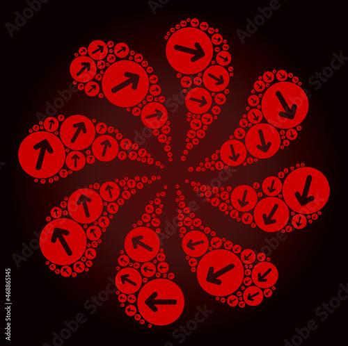 Red green direction CW arrow icon rotation abstract flower salute composition on red dark gradient background. Flower curl designed from red random green direction CW arrow symbols.