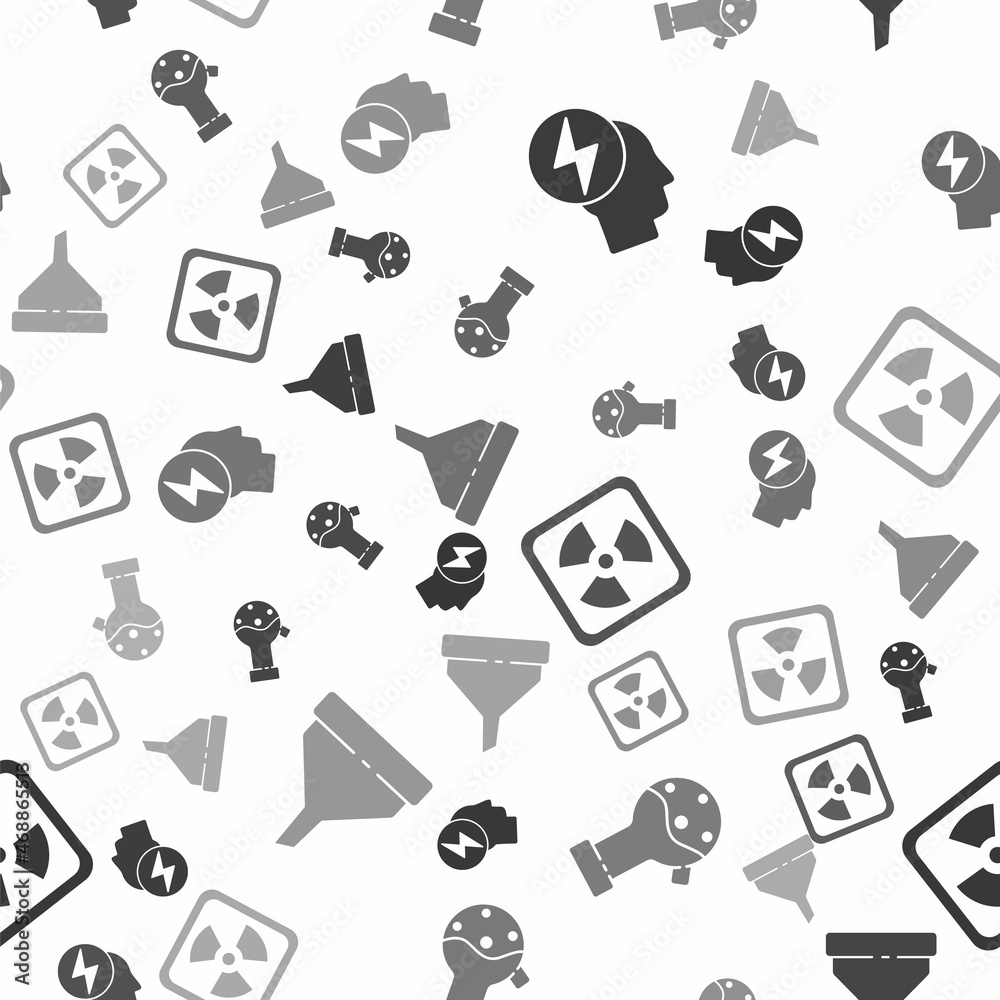 Set Head and electric symbol, Test tube and flask chemical, Radioactive and Funnel or filter on seamless pattern. Vector