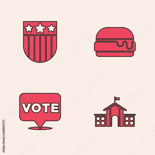 Set United States Capitol Congress, Shield with stars, Burger and Vote icon. Vector