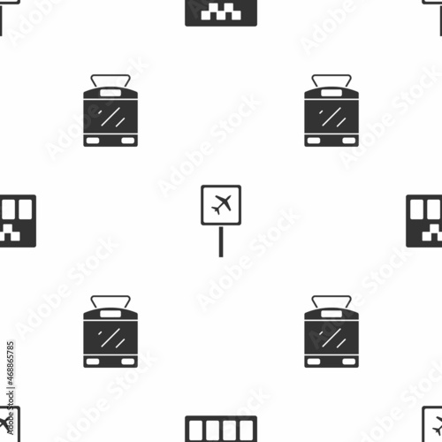 Set Taximeter, Airport and Tram and railway on seamless pattern. Vector