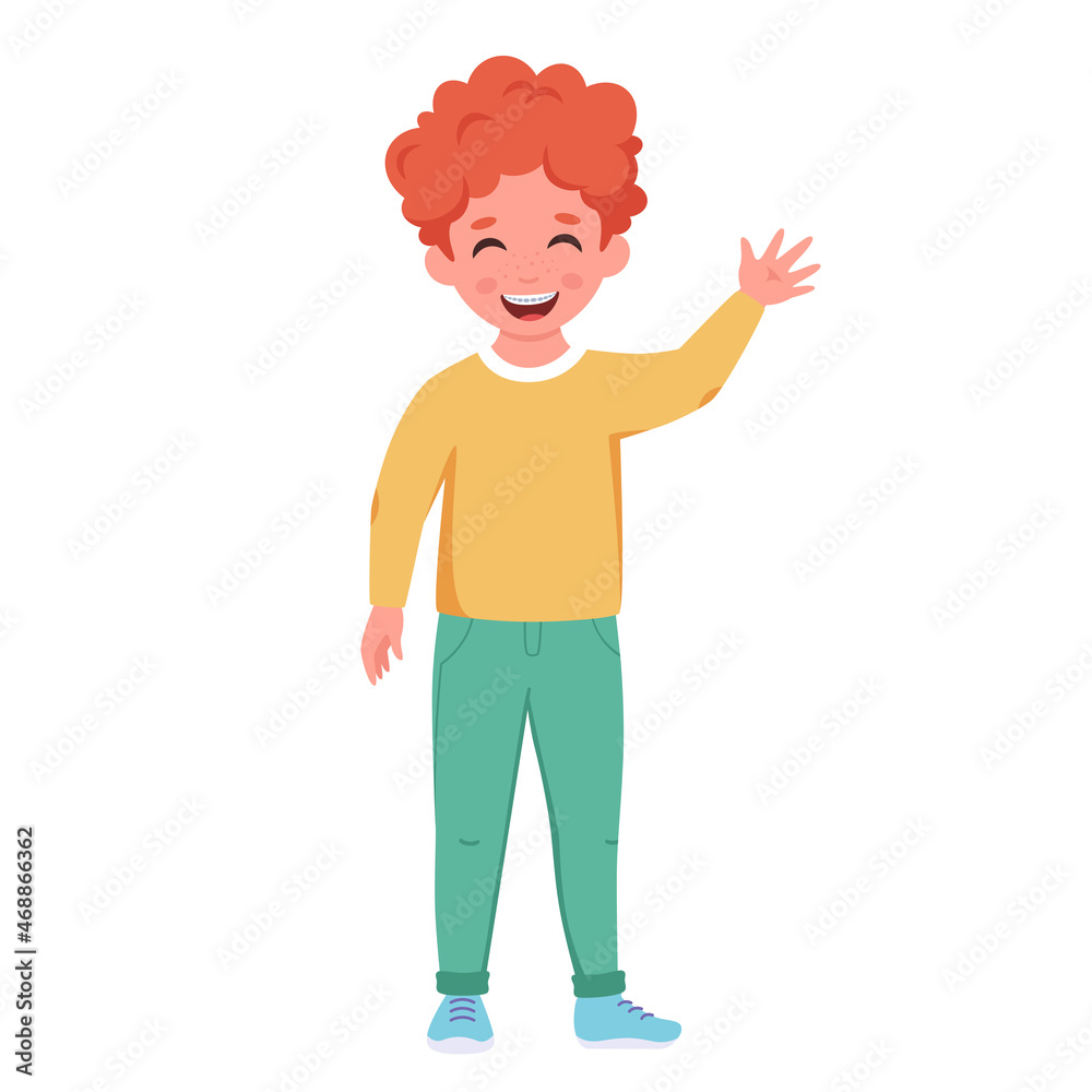 Little boy with dental braces. Boy smiling and waving hand. Elementary school student. Vector illustration Little boy with dental braces. Boy smiling and waving hand. Elementary school student. Vector illustration