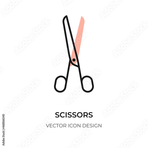 Scissor flat line icon. Contour emblem logo template of shear for beauty salon or tailor shop. Pictogram simple hair scissors closeup. Modern graphic sign. Isolated on white vector illustration
