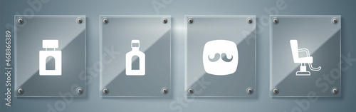 Set Barbershop chair, Bottle of shampoo and Aftershave. Square glass panels. Vector