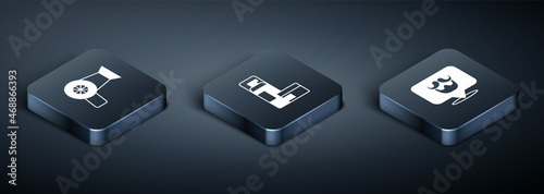 Set Isometric Hair dryer, Barbershop and Shaving gel foam icon. Vector