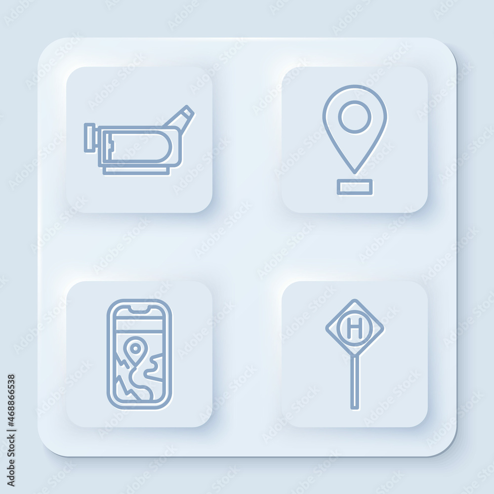 Set line Cinema camera, Location, City map navigation and Parking. White square button. Vector Set line Cinema camera, Location, City map navigation and Parking. White square button. Vector