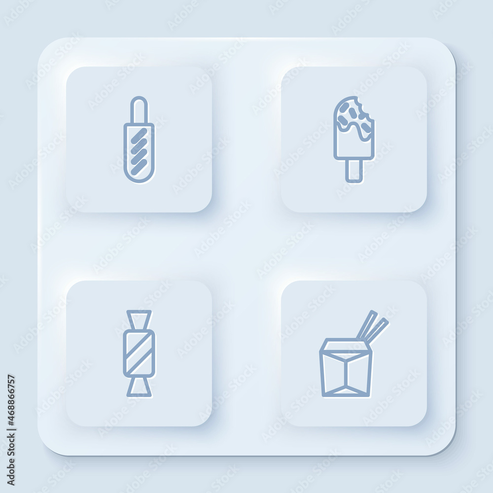 Set line Hotdog sandwich, Ice cream, Candy and Asian noodles chopsticks. White square button. Vector Set line Hotdog sandwich, Ice cream, Candy and Asian noodles chopsticks. White square button. Vector