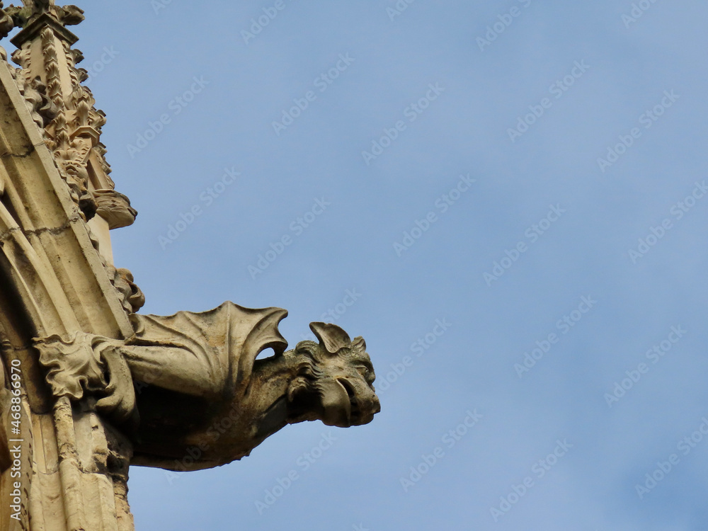 Winged creature gargoyle of gothic York Minster cathedral, England, UK. Close up