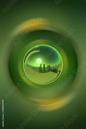 3D rendering, Sphere and motion blur spiral of a green background